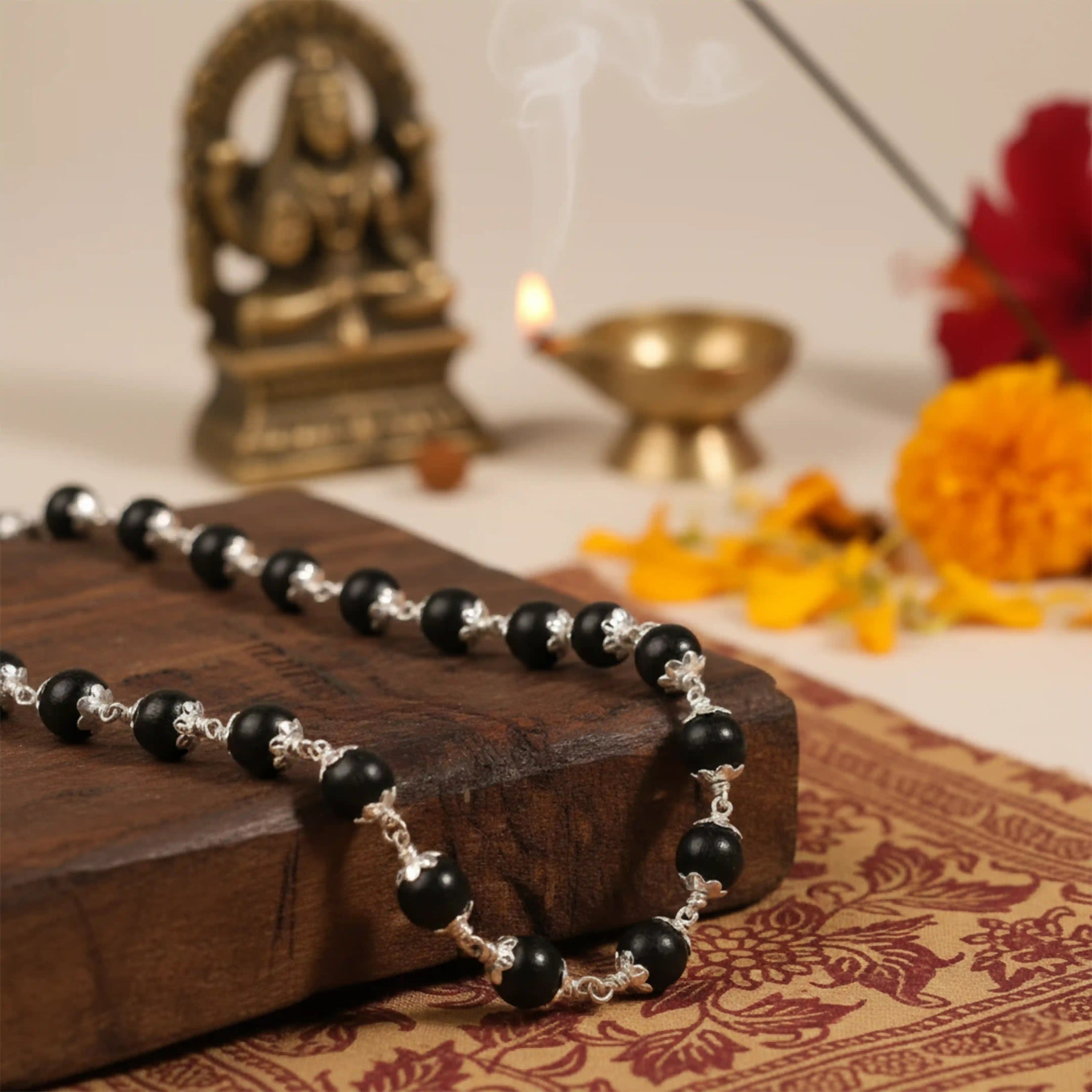 Silver Plated Karungali Mala - Natural Ebony Wood (Govt. Certified)